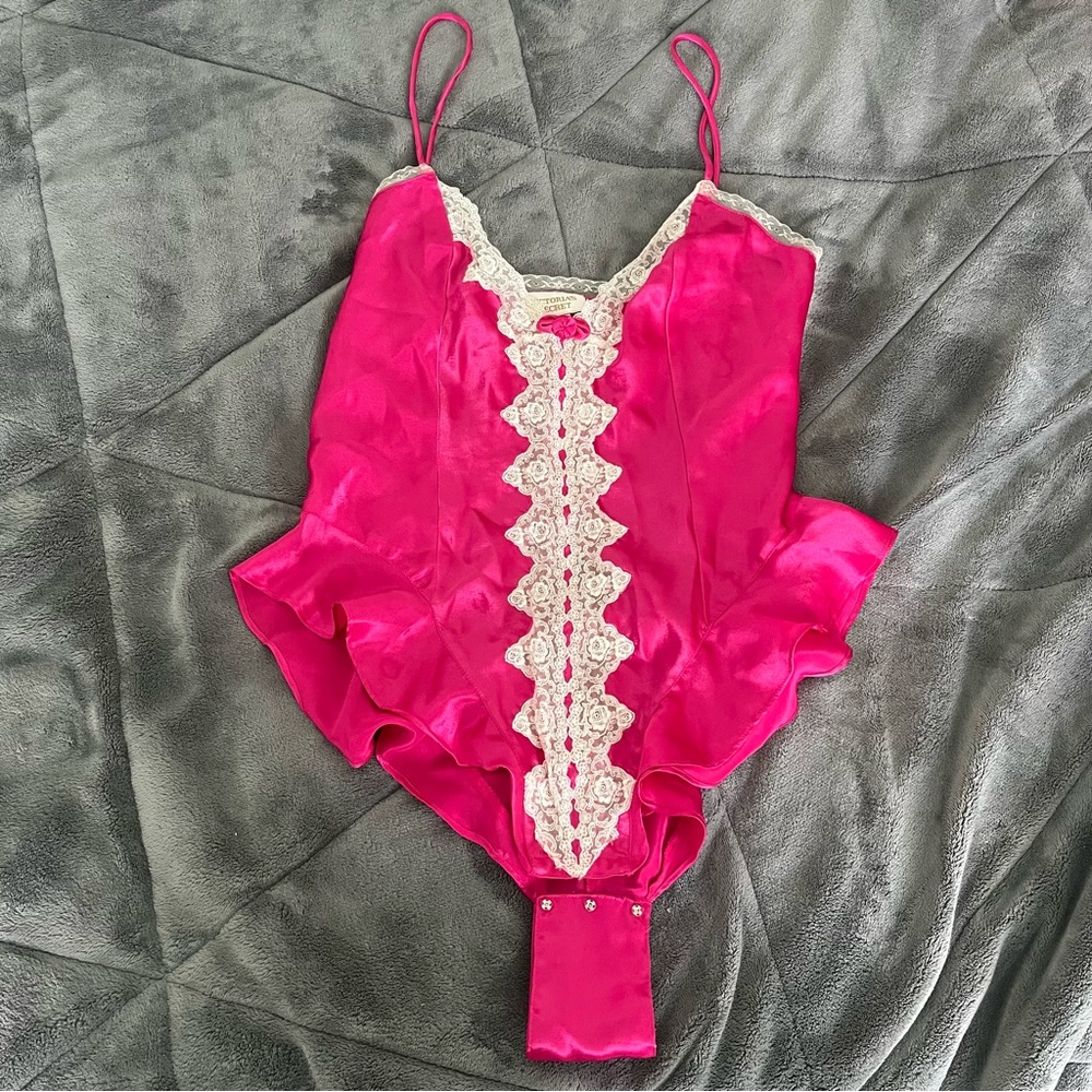 1990s Vintage Victoria’s Secret Teddy One Piece Hot Pink Lace Medium GOLD LABEL
